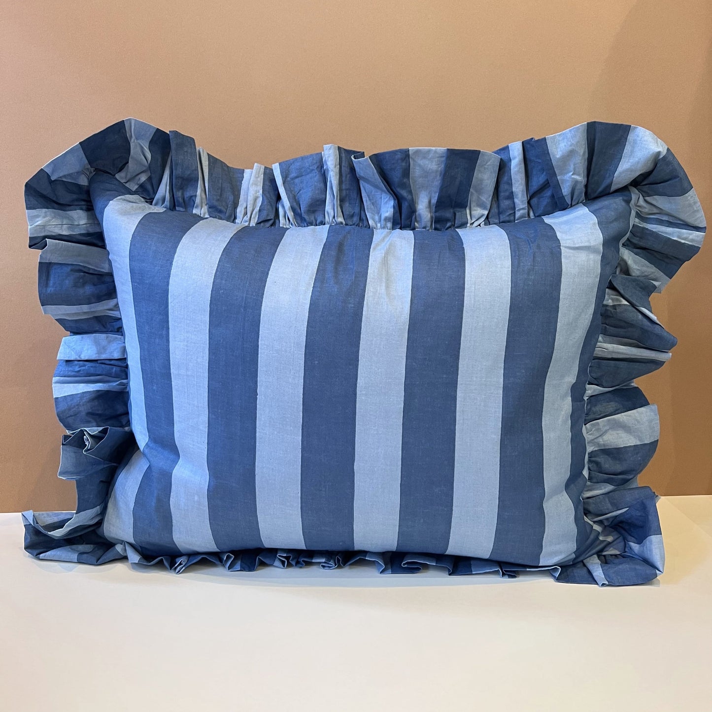 Cushions Cushion - Denim & Sky Blue Wide Stripe with Ruffle or Piping Matching Ruffle 26679