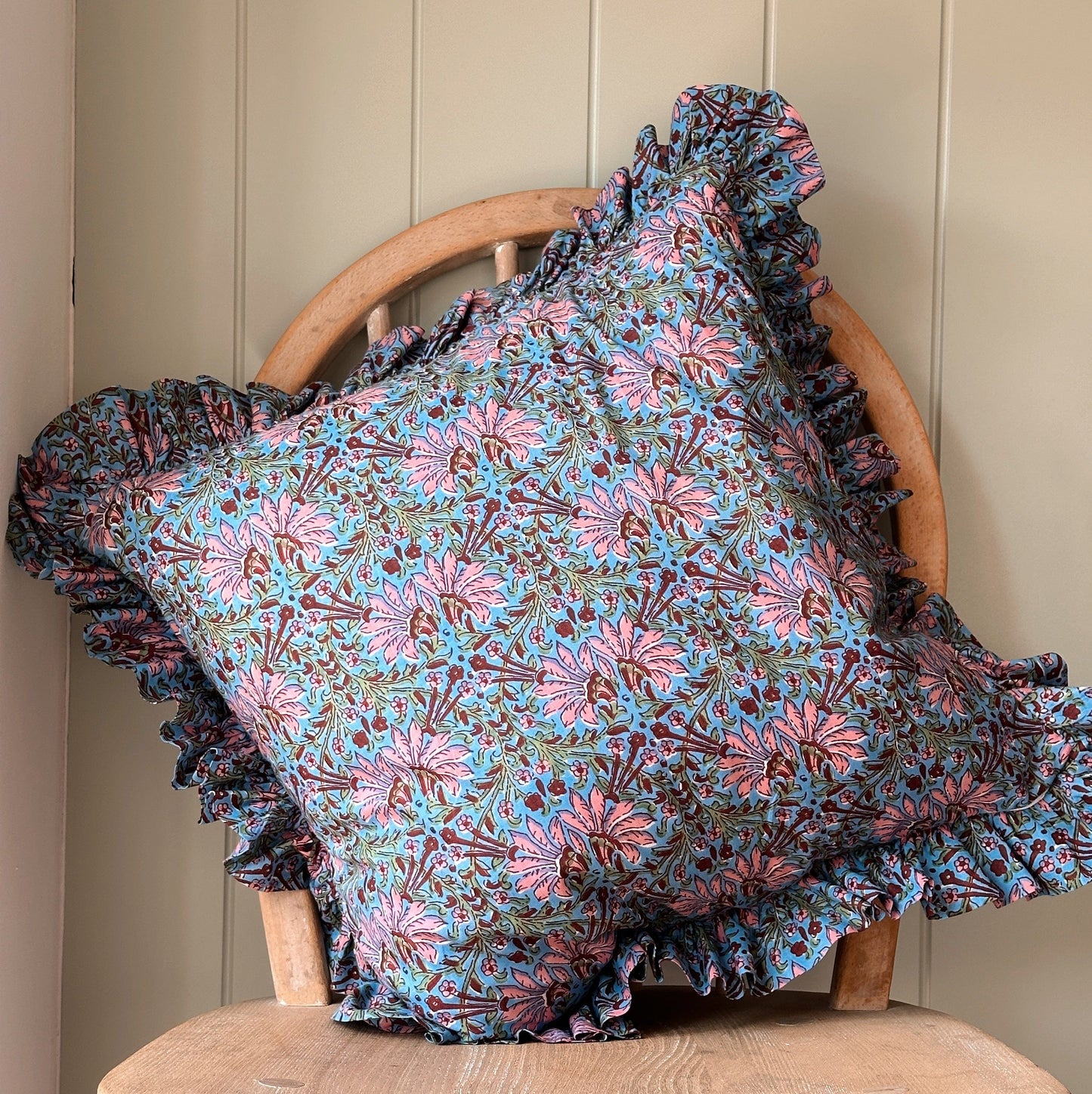 Cushions Cushion - Dusty Pink Climber on Blue matching Ruffle