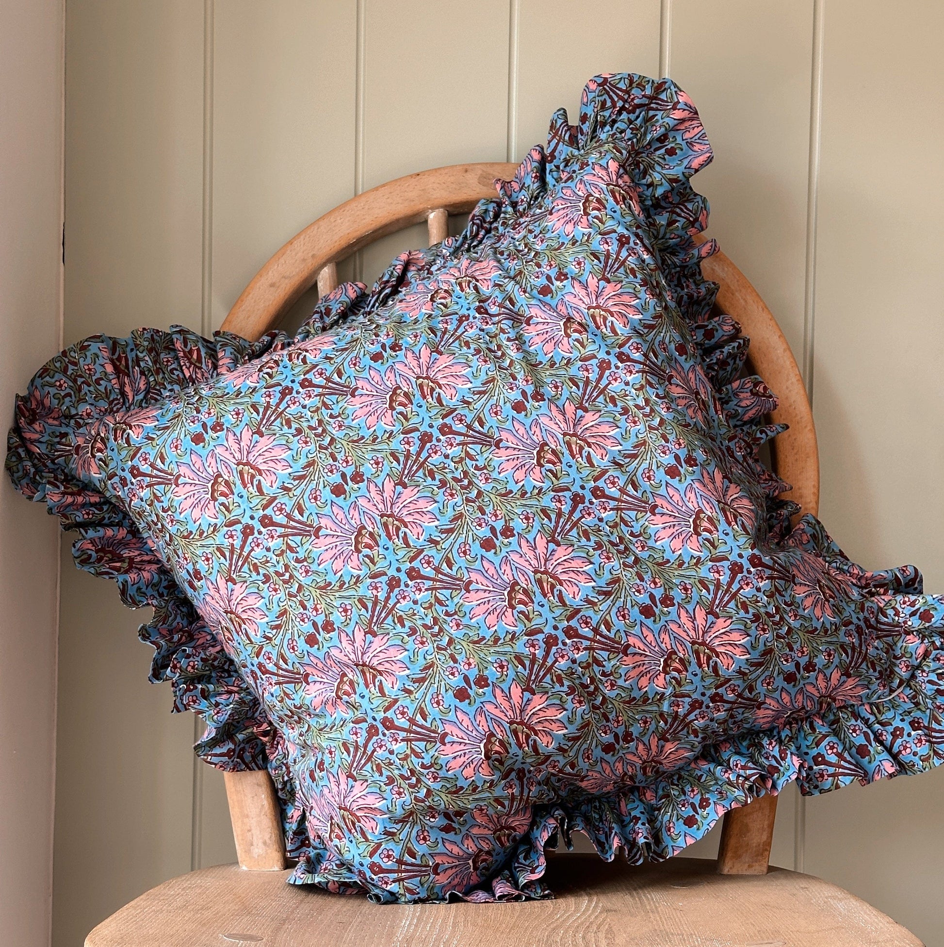 Cushions Cushion - Dusty Pink Climber on Blue matching Ruffle