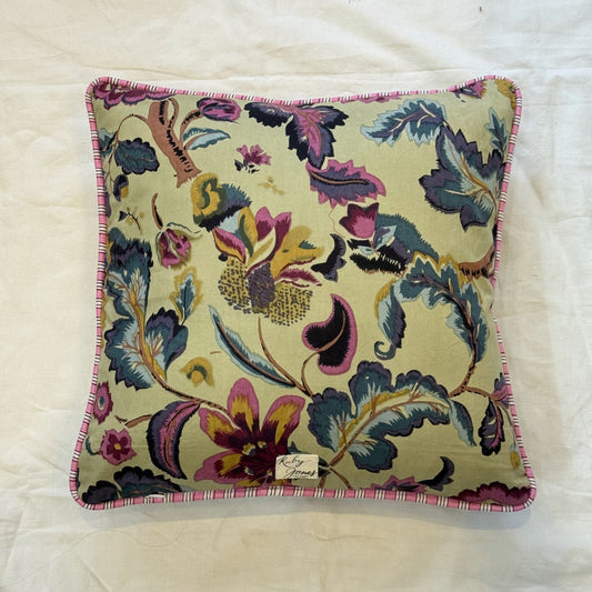 Cushions Cushion - Fuchsia, Teal & Gold Flowers on Sage/ Pink Stripe Piping 25068