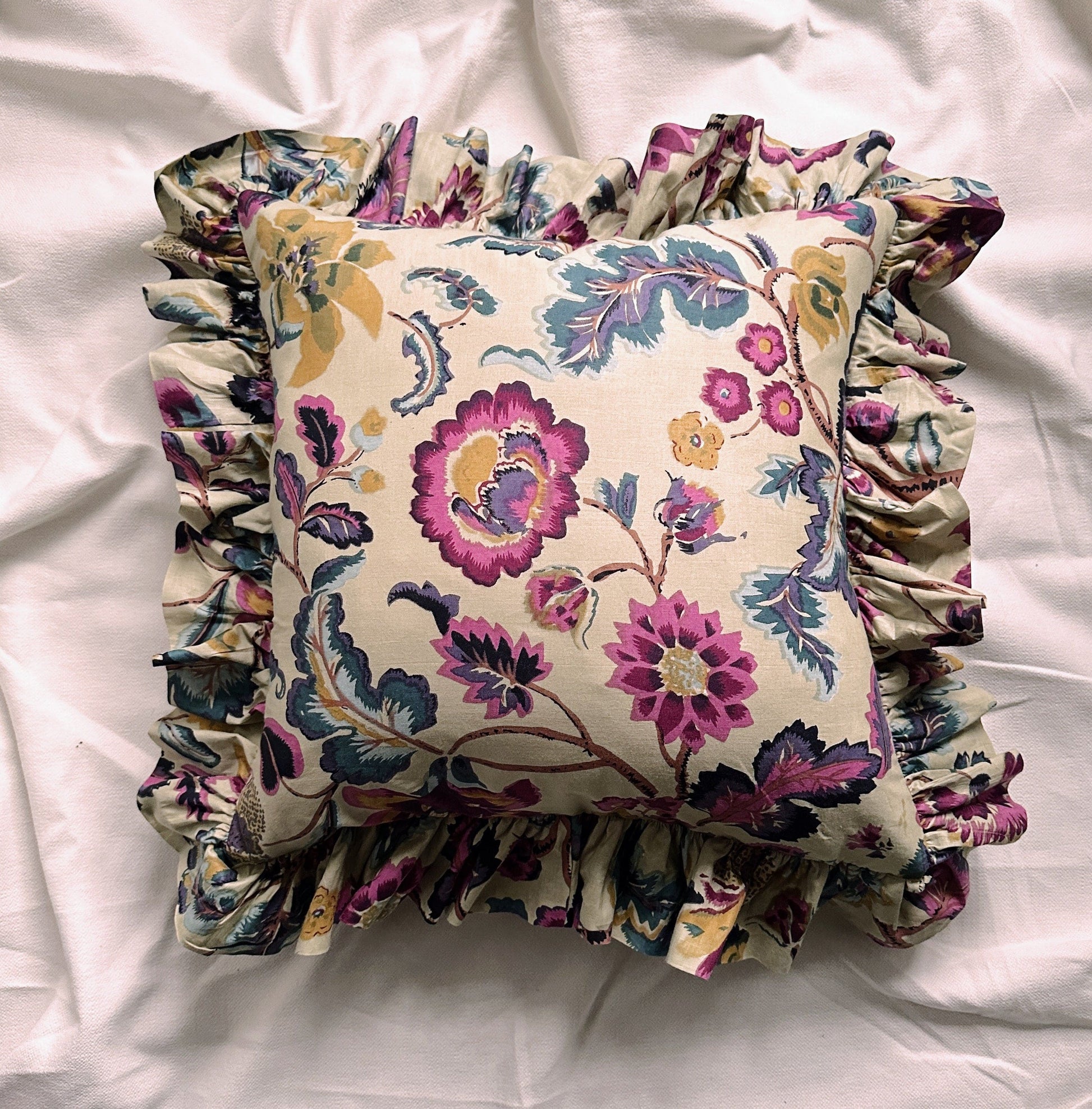 Cushions Cushion - Fuchsia, Teal & Gold Flowers on Sage with matching Ruffle 24451