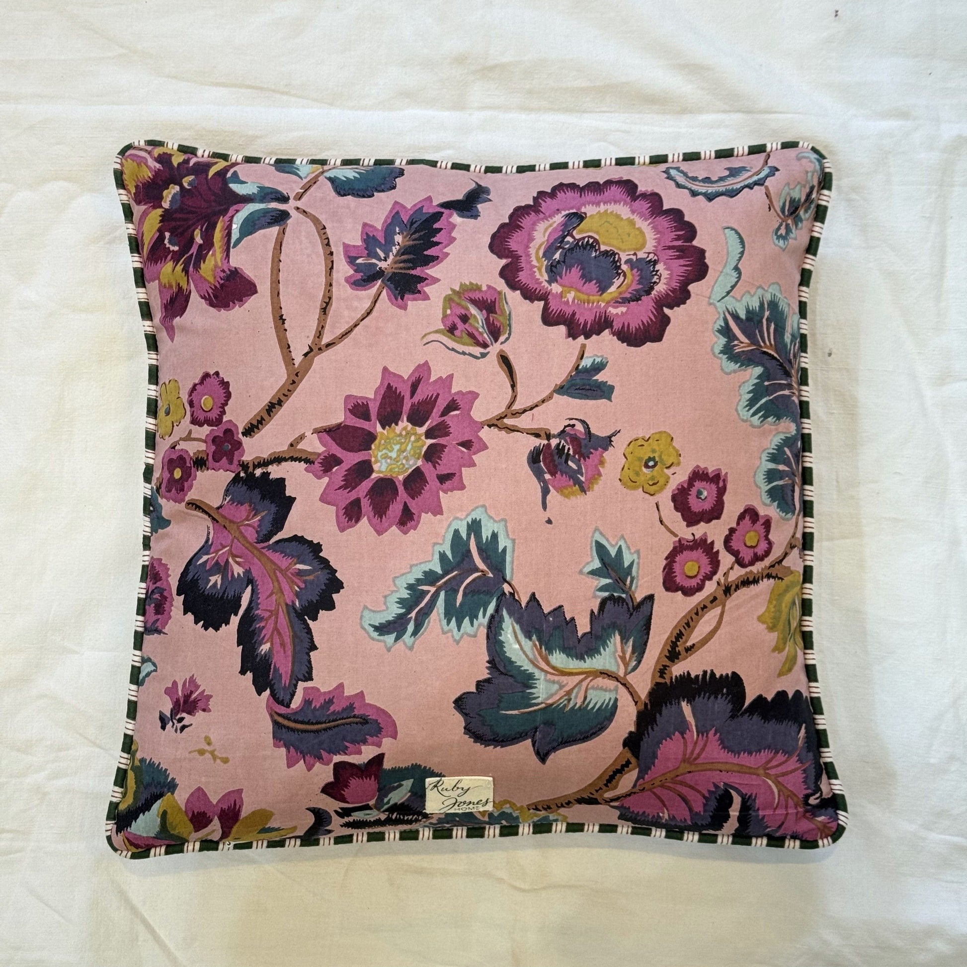 Cushions Cushion - Gold & Teal Botanical on Blush/ Bottle Green Stripe Piping 25069