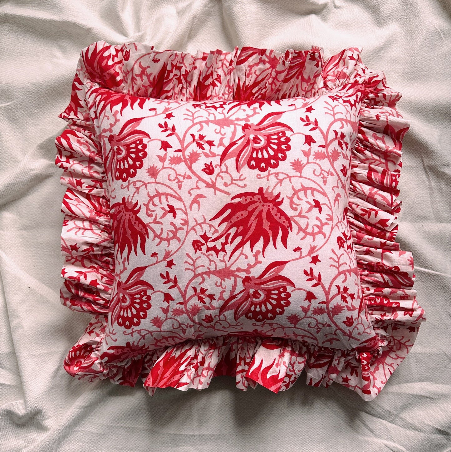 Cushions Cushion - Hot Crimson Flowers on White with matching Ruffle 24450