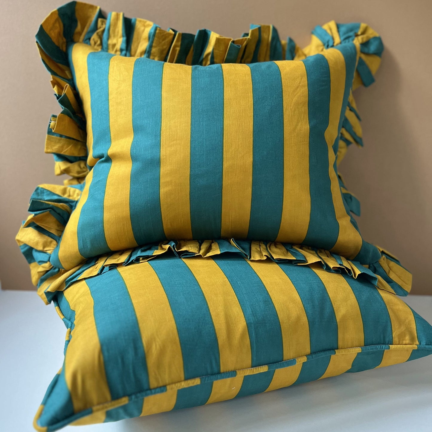 Cushions Cushion - Kingfisher & Gold Wide Stripe with Matching Ruffle or Piping