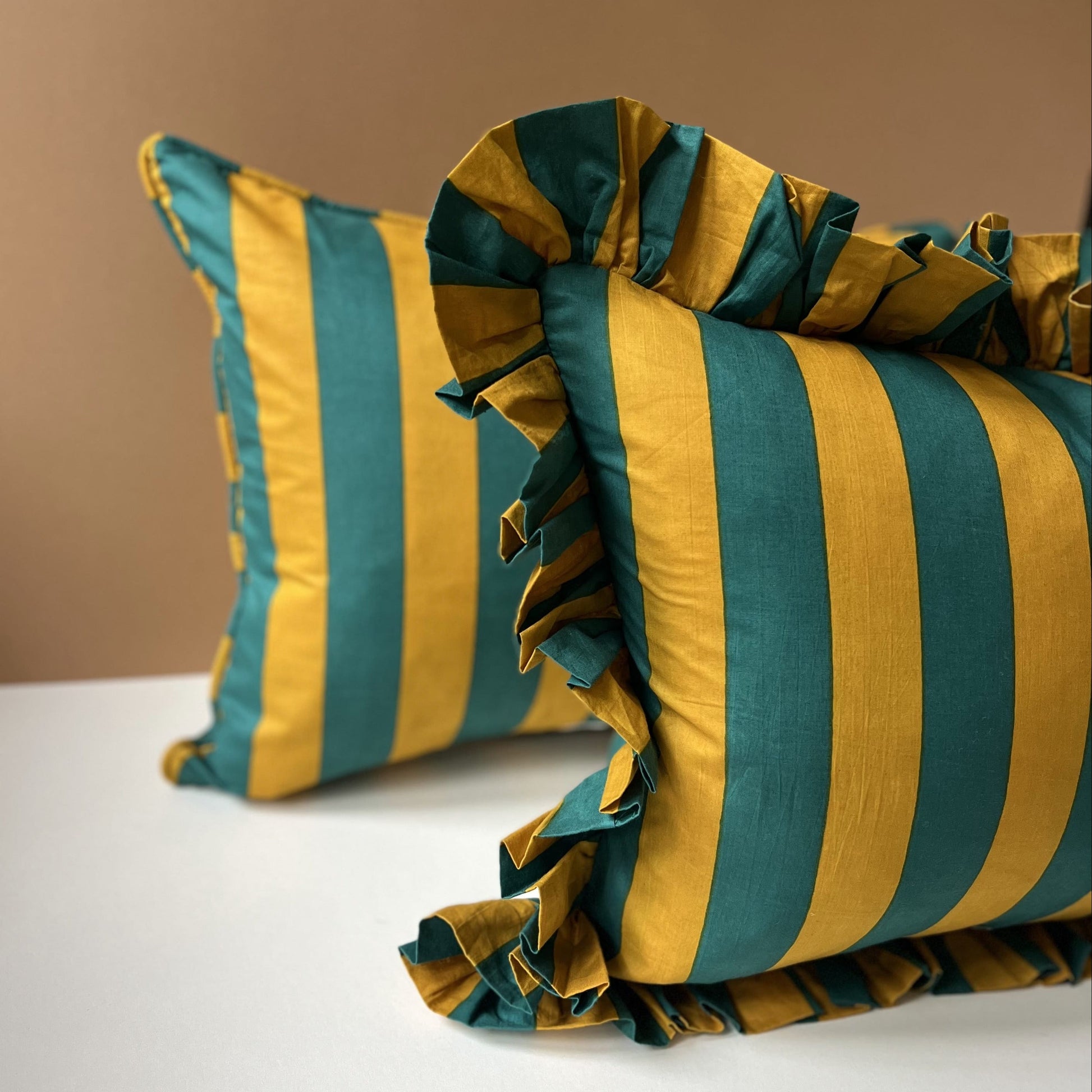 Cushions Cushion - Kingfisher & Gold Wide Stripe with Matching Ruffle or Piping