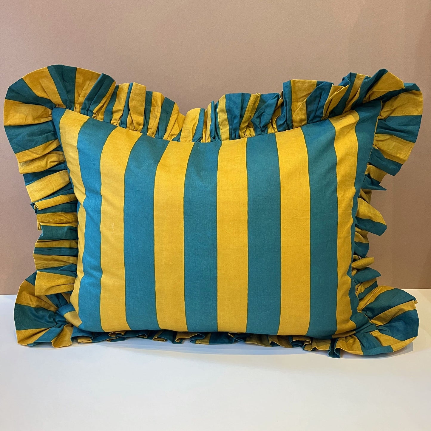 Cushions Cushion - Kingfisher & Gold Wide Stripe with Matching Ruffle or Piping Matching Ruffle 26681