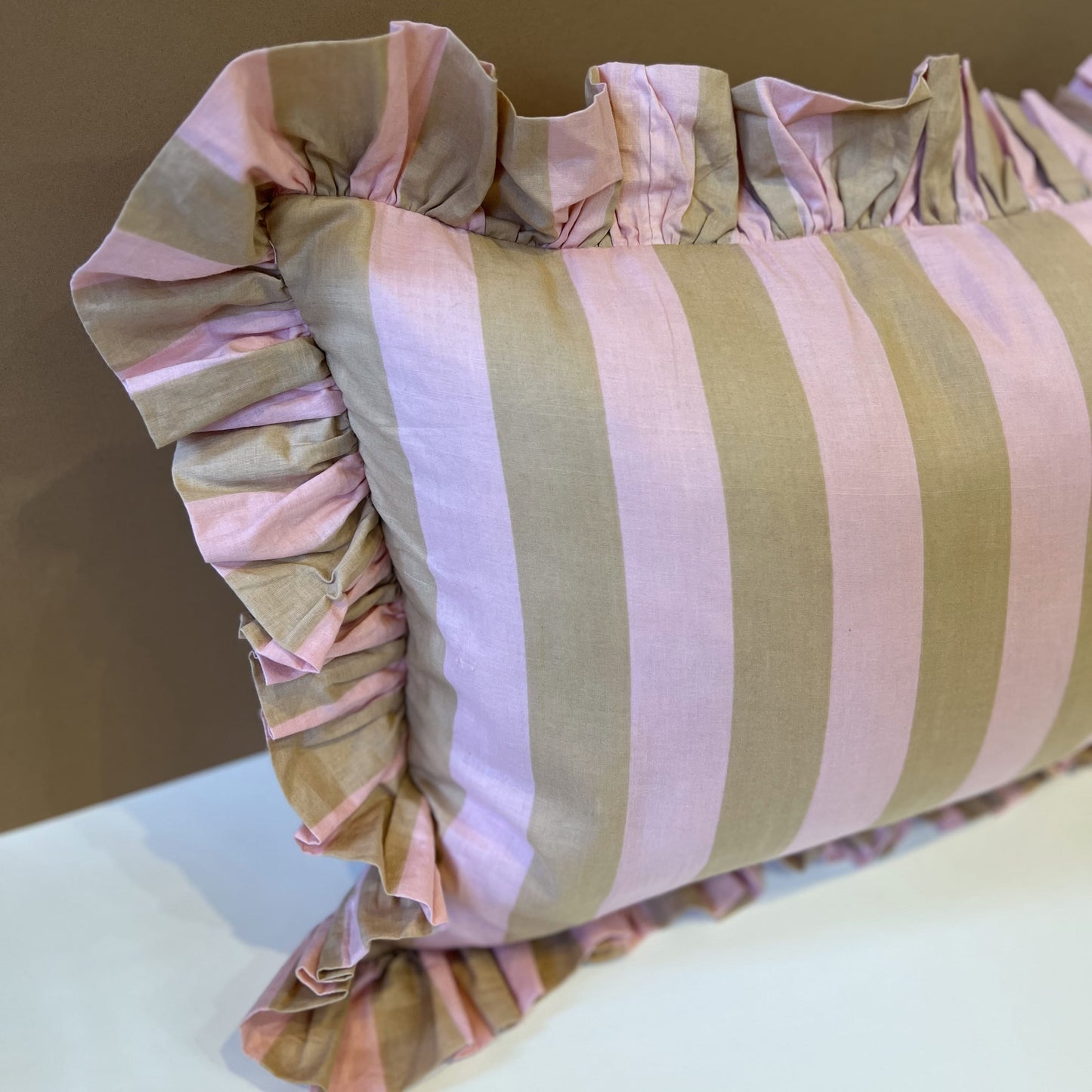Cushions Cushion - Latte & Blush Wide Stripe with Matching Piping or Ruffle