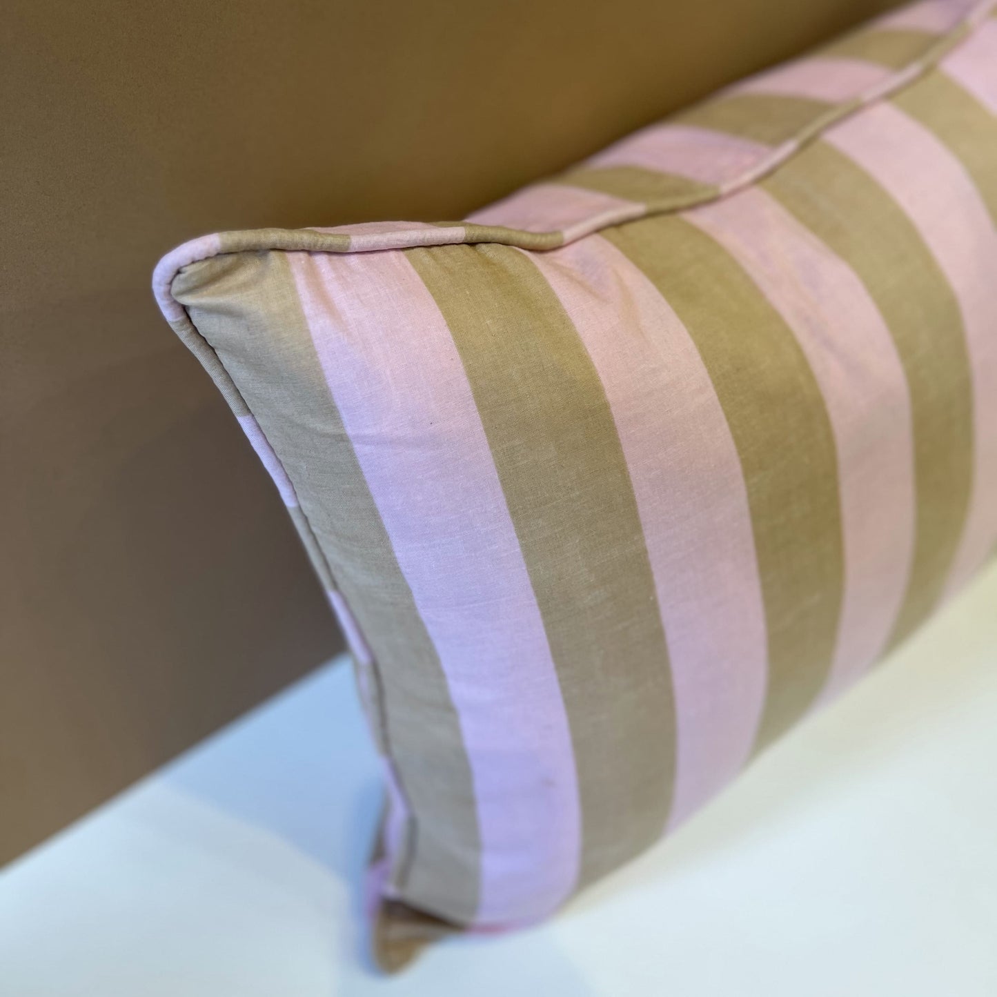 Cushions Cushion - Latte & Blush Wide Stripe with Matching Piping or Ruffle