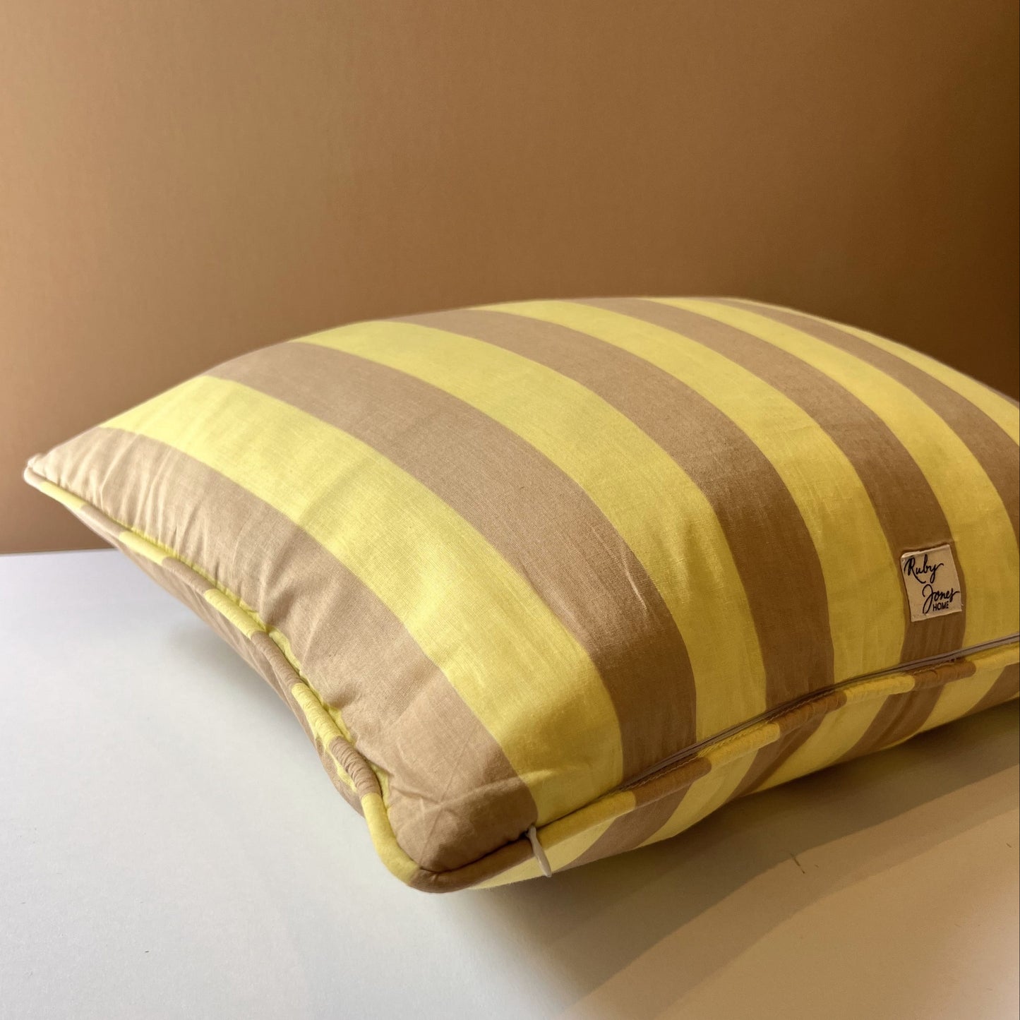 Cushions Cushion - Latte & Key Lime Wide Stripe with Ruffle or Piping