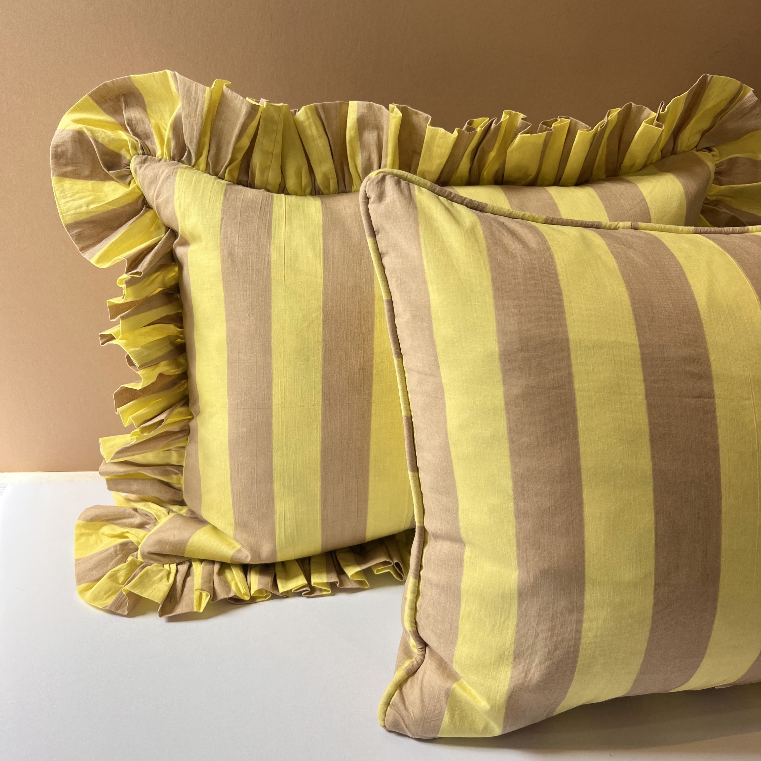 Cushions Cushion - Latte & Key Lime Wide Stripe with Ruffle or Piping