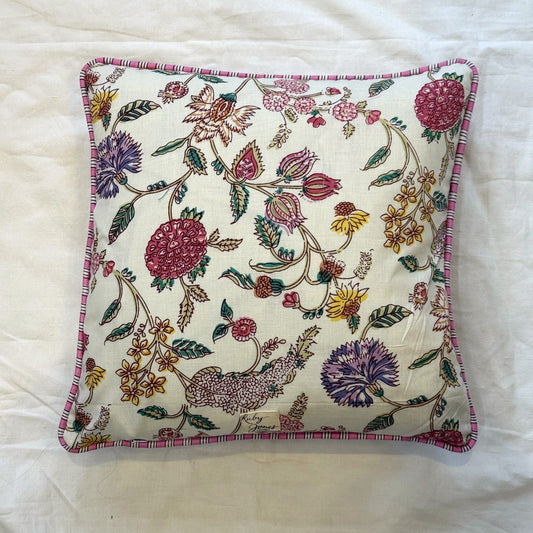 Cushions Cushion - Meadow Blooms on Ivory/ Pink Stripe Piping 25071