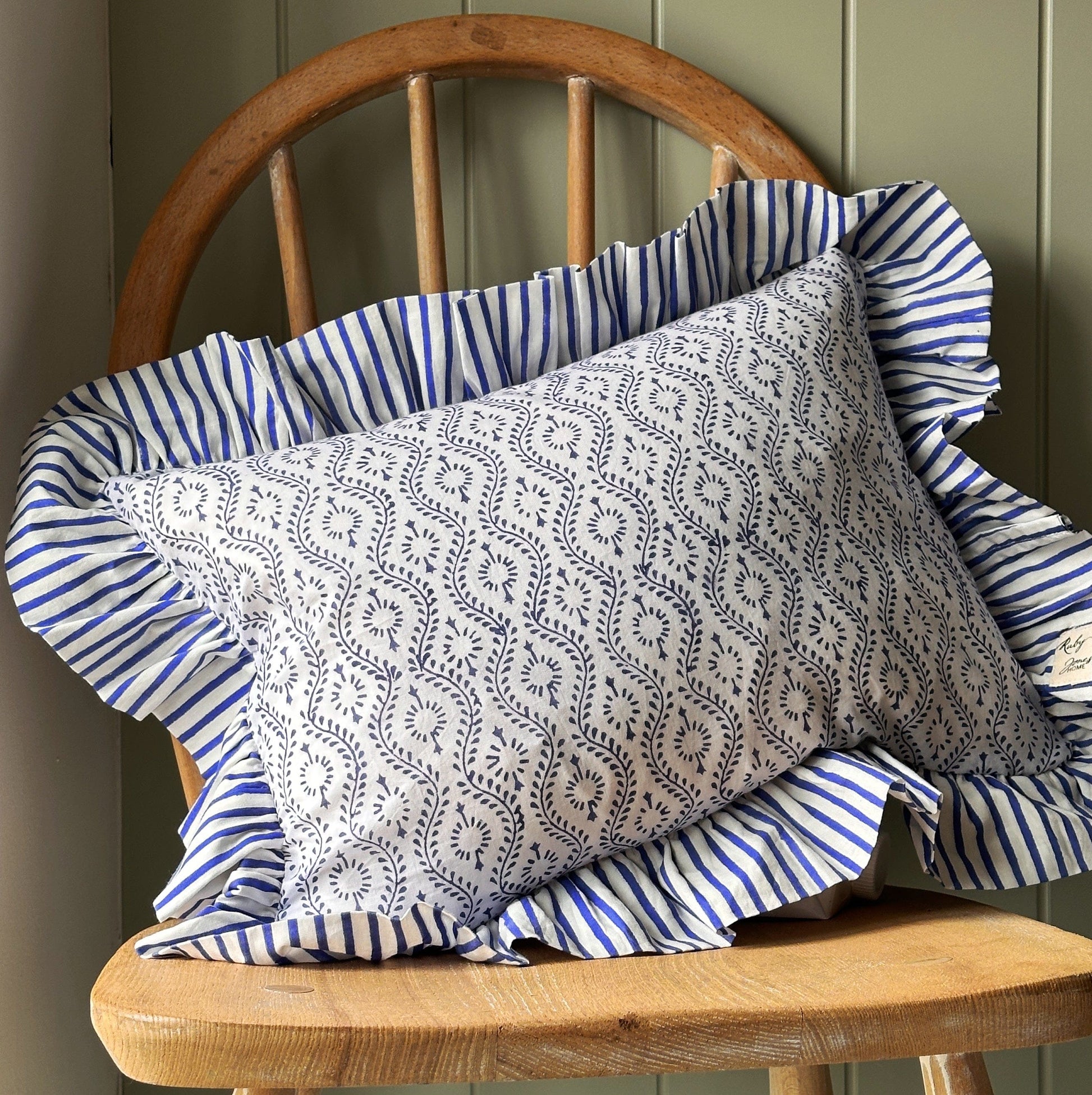 Cushions Cushion - Navy Wavy Lines with Navy Stripe Ruffle 22658