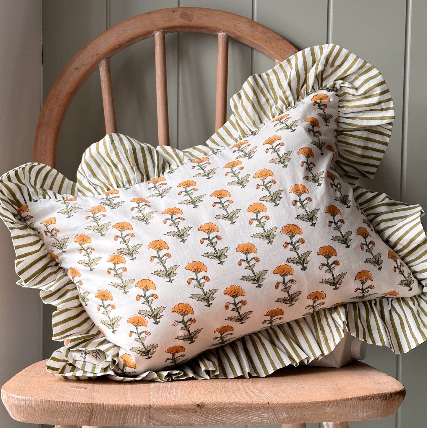 Cushions Cushion - Ochre Country Flowers on Cream with Olive Stripe Ruffle 22652