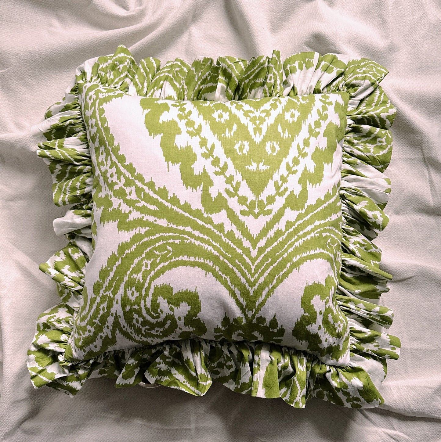 Cushions Cushion - Pea Green Ikat on White with Matching Ruffle 24452