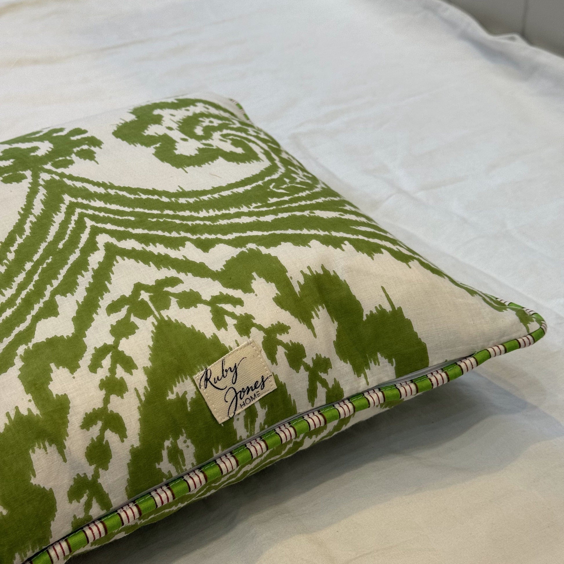 Cushions Cushion - Pea Green on Ikat with Green stripe Piping 25065