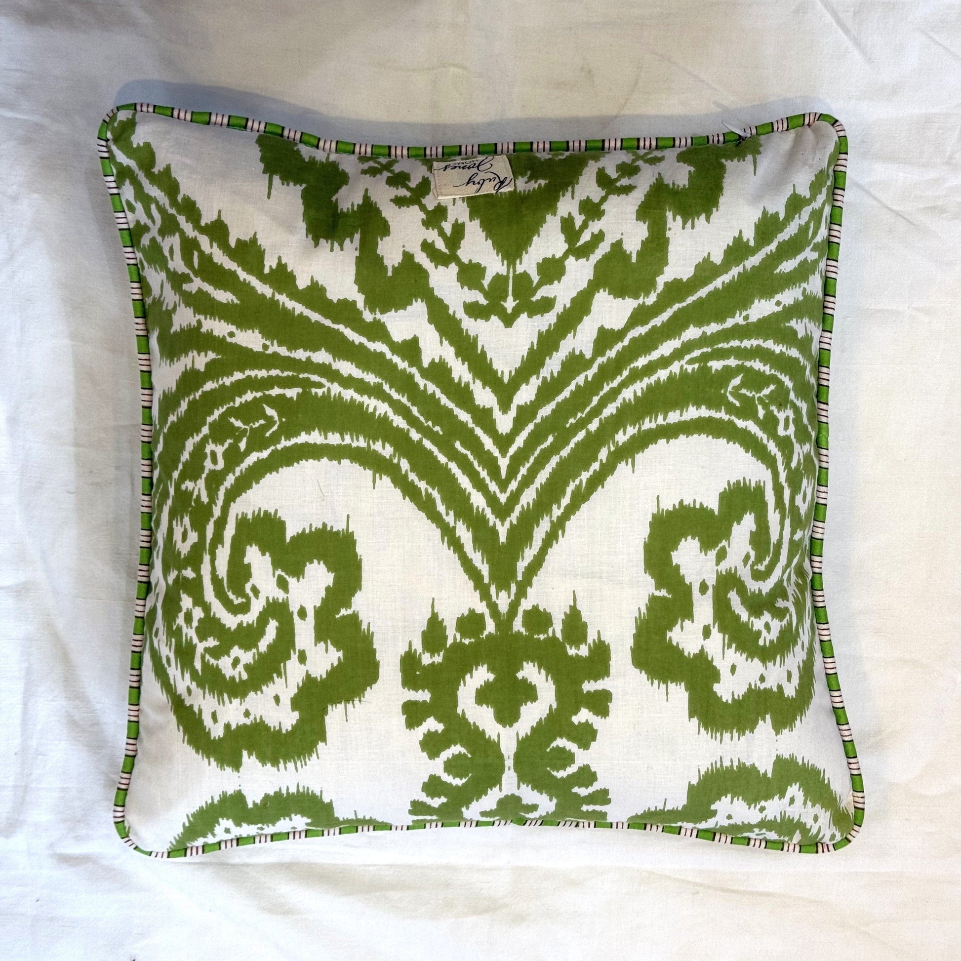 Cushions Cushion - Pea Green on Ikat with Green stripe Piping 25065