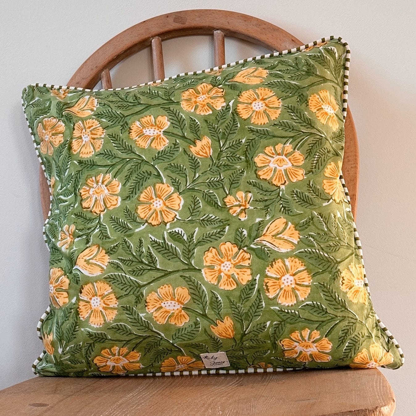 Cushions Cushion - Persian Buttercups on Pea Green with Green Piping 24286