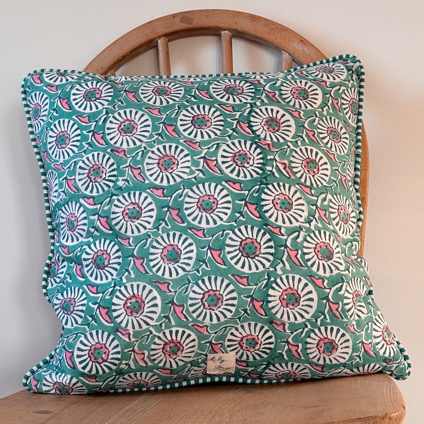 Cushions Cushion - Pink Country Flowers on Aqua with Aqua Piping 24291