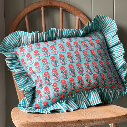 Cushions Cushion - Pink Country Flowers on Aqua with Aqua Stripe Ruffle 22650