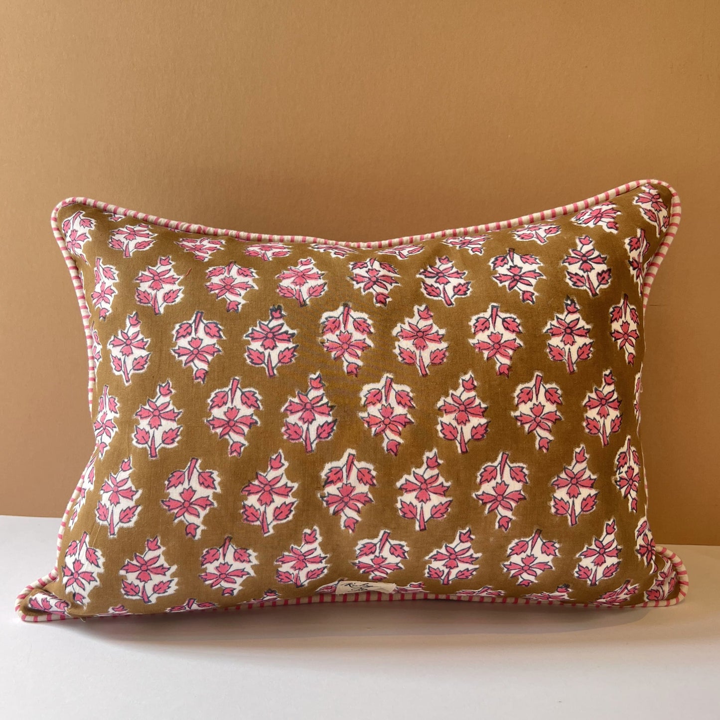 Cushions Cushion - Pink Flowers on Cinnamon - 30x40cm Pink Stripe Piping 27756