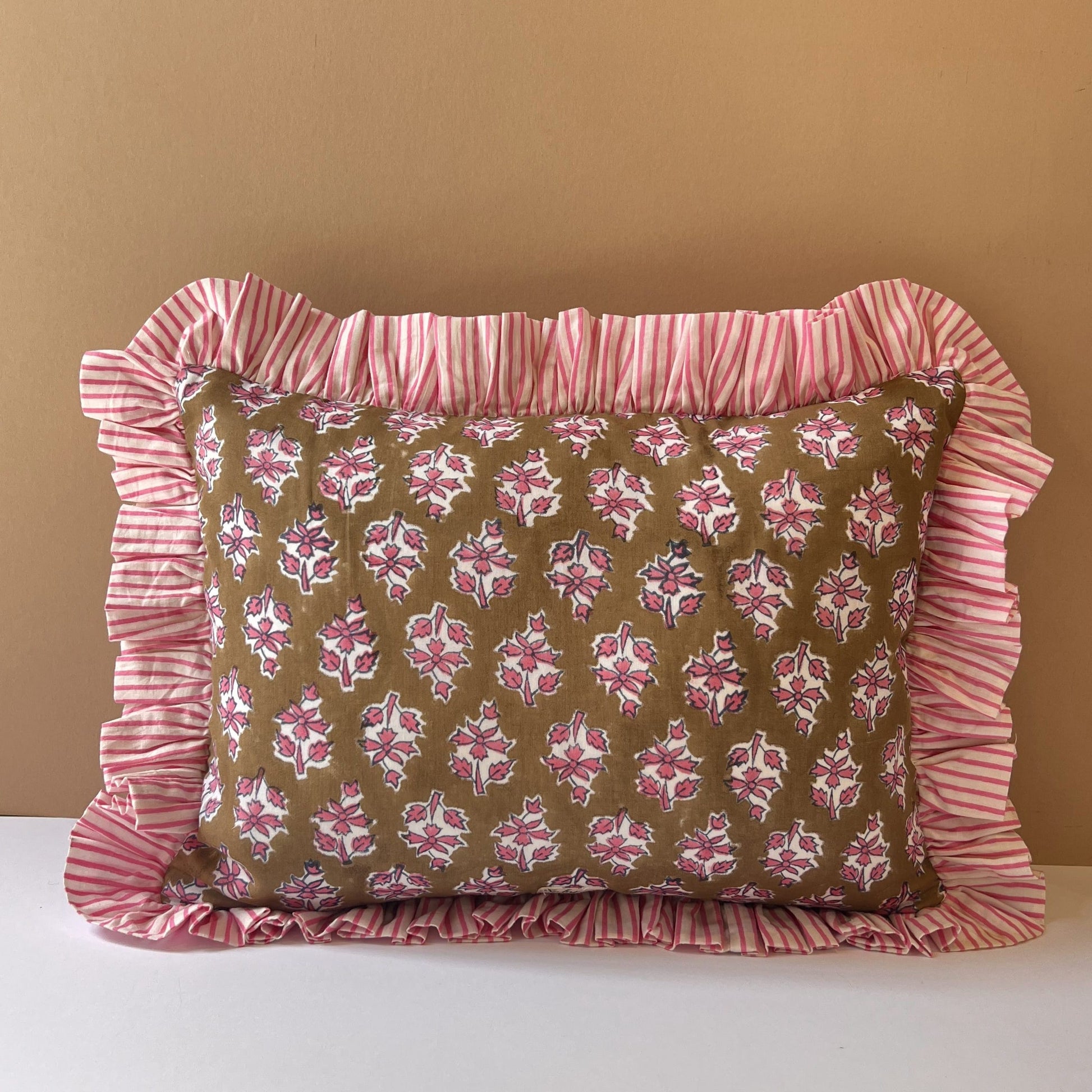 Cushions Cushion - Pink Flowers on Cinnamon - 30x40cm Pink Stripe Ruffle 27755