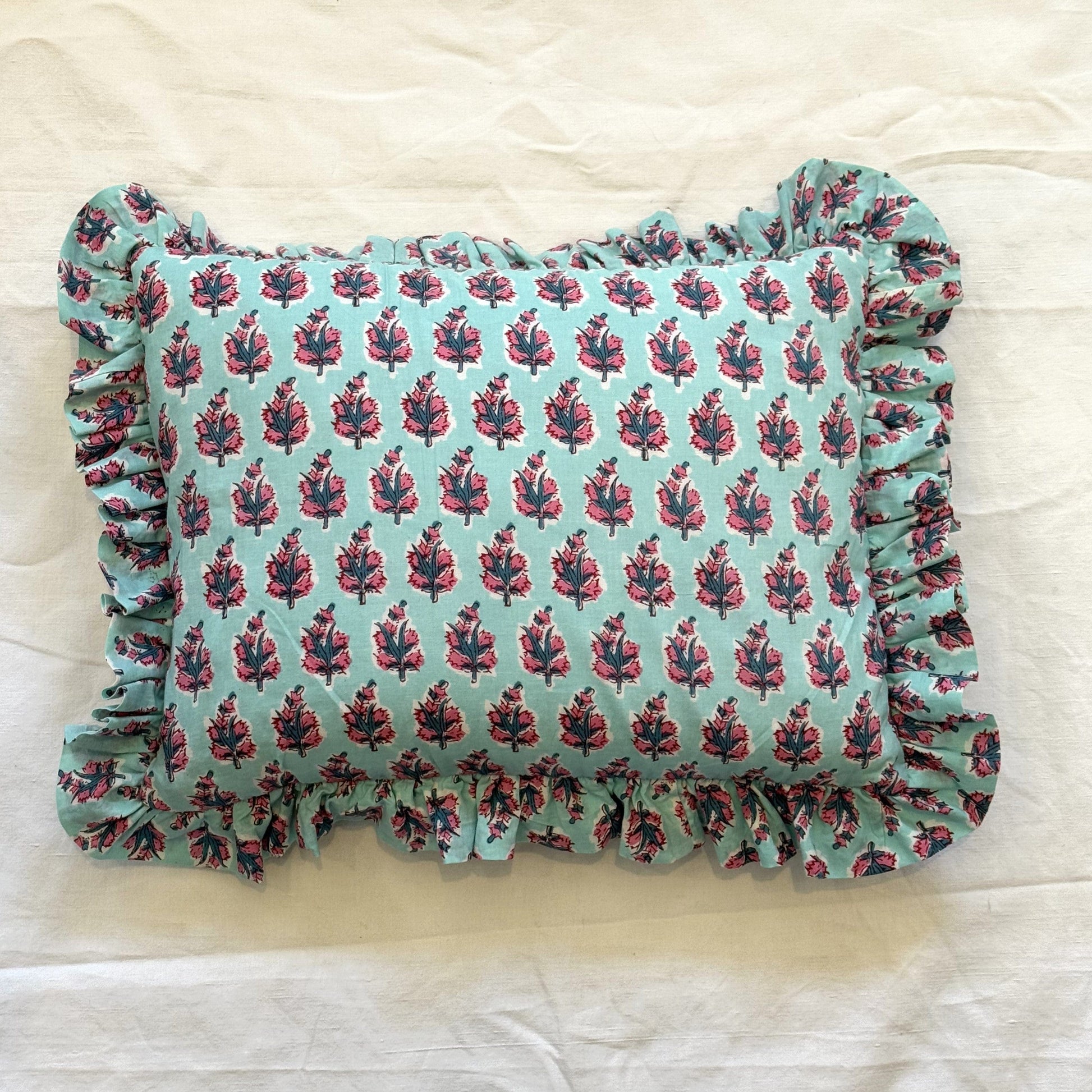 Cushions Cushion - Pink Flowers on Turquoise with matching Ruffle 22472