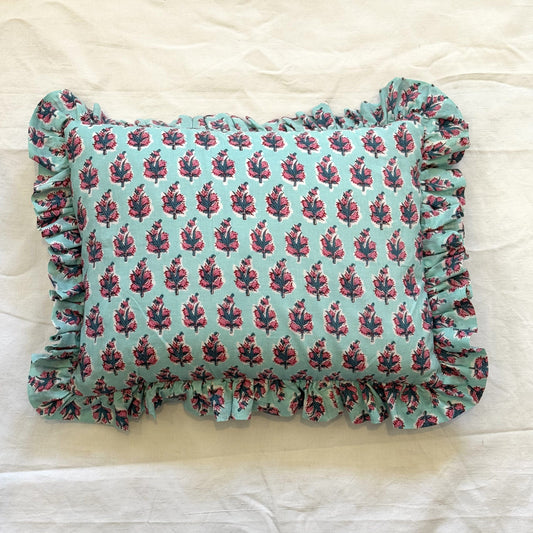 Cushions Cushion - Pink Flowers on Turquoise with matching Ruffle 22472