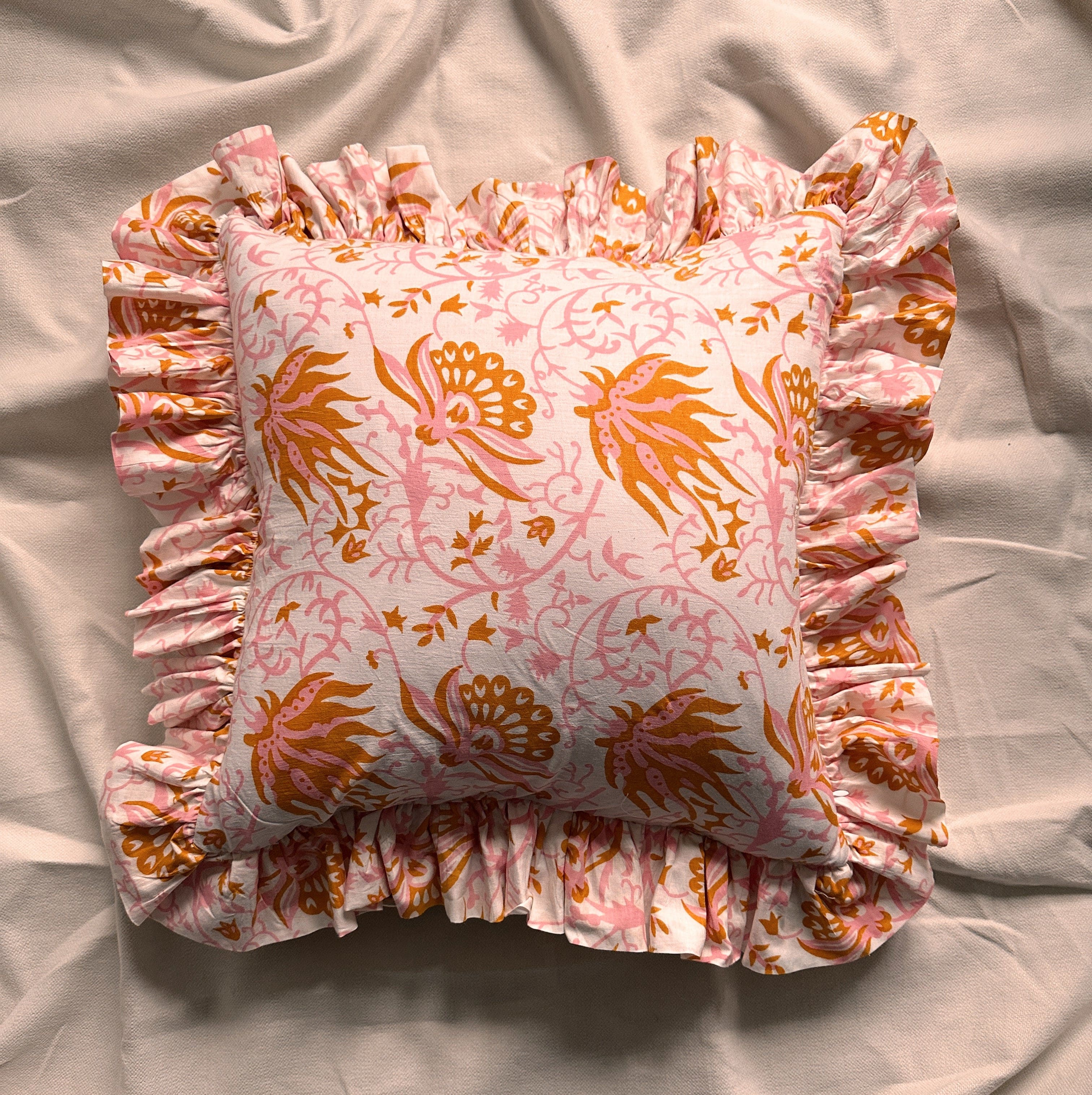 Cushion - Pink & Ochre Flowers on White with matching Ruffle – Ruby ...