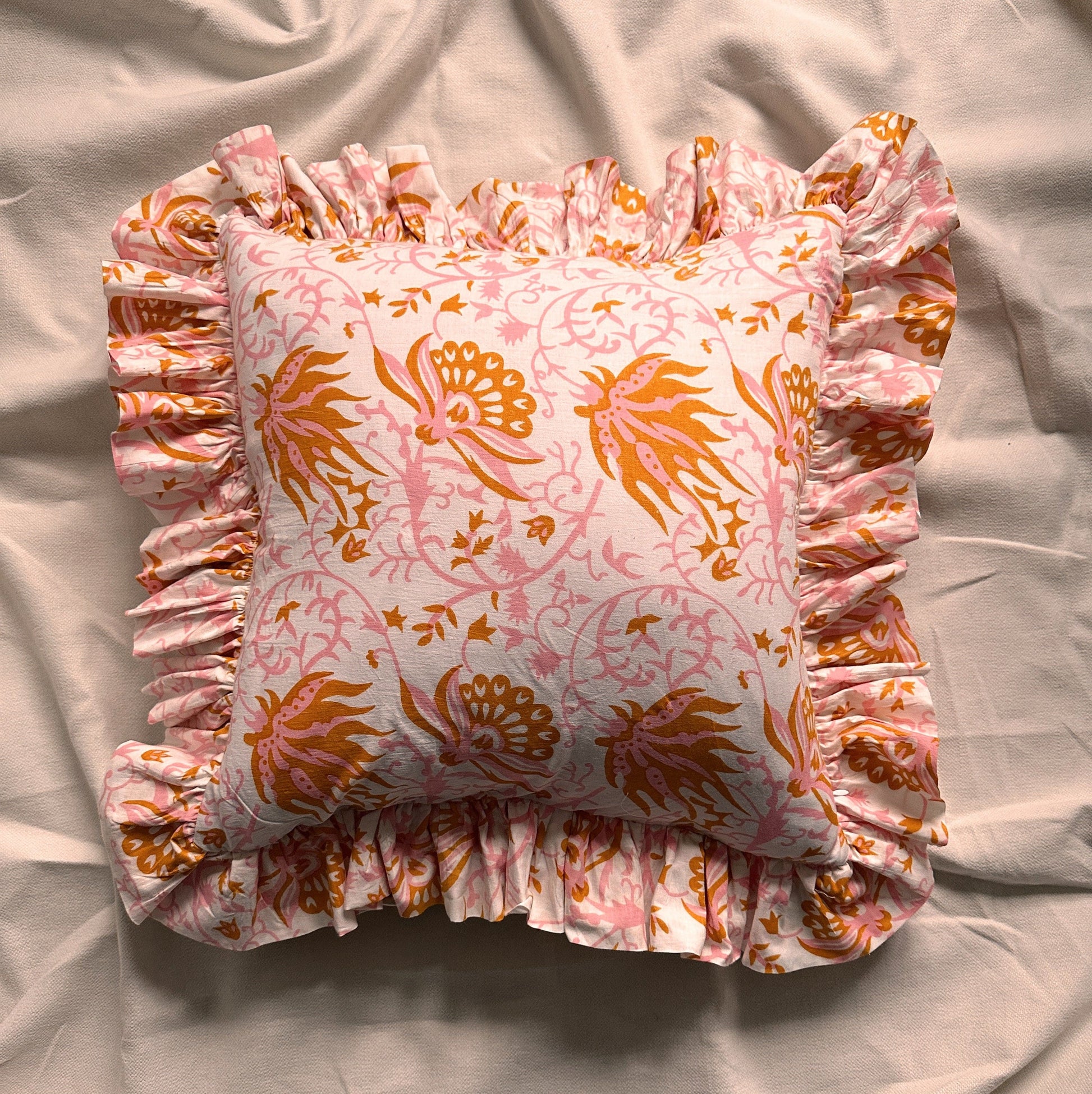 Cushions Cushion - Pink & Ochre Flowers on White with matching Ruffle 24453