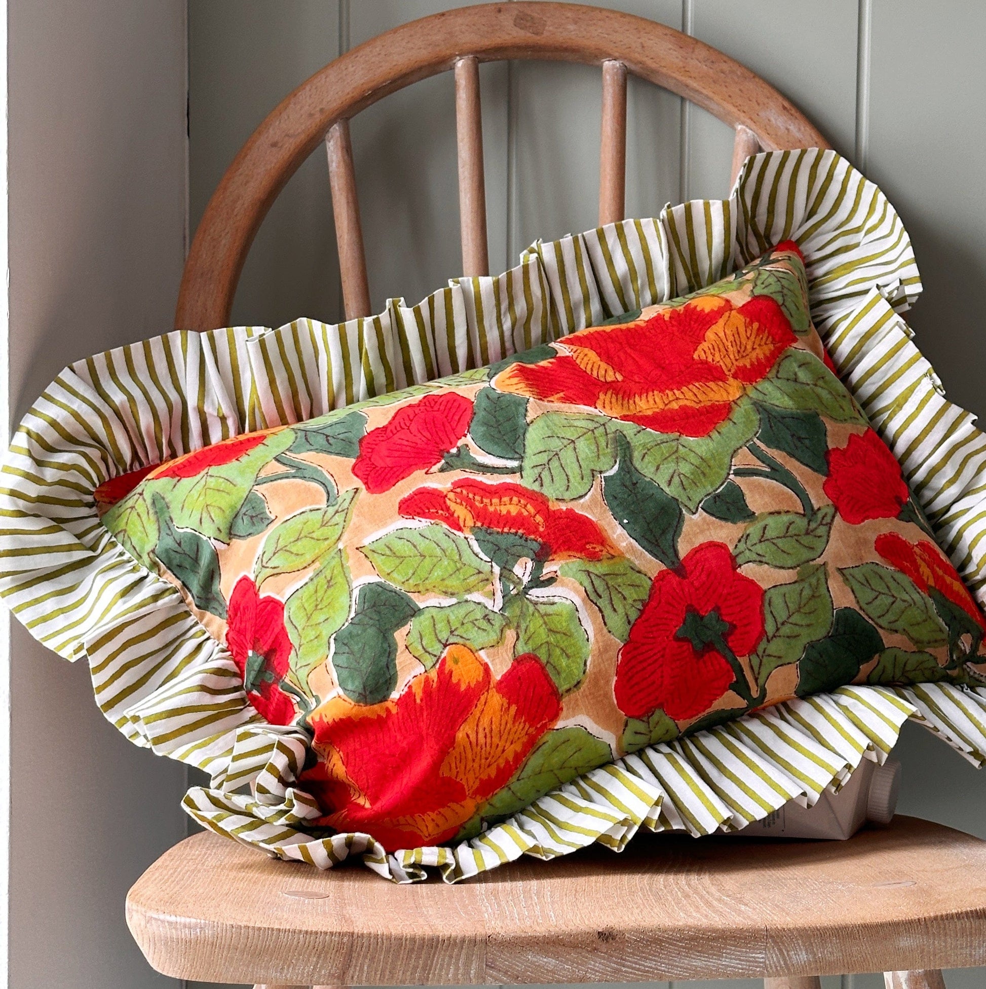 Cushions Cushion - Poppy Field with Olive Stripe Ruffle 22647