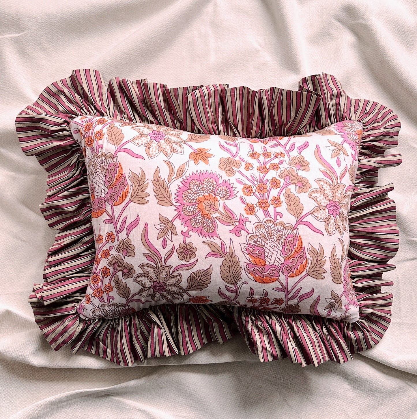 Cushions Cushion - Raspberry & Chocolate Flowers with matching Stripe Ruffle 24455