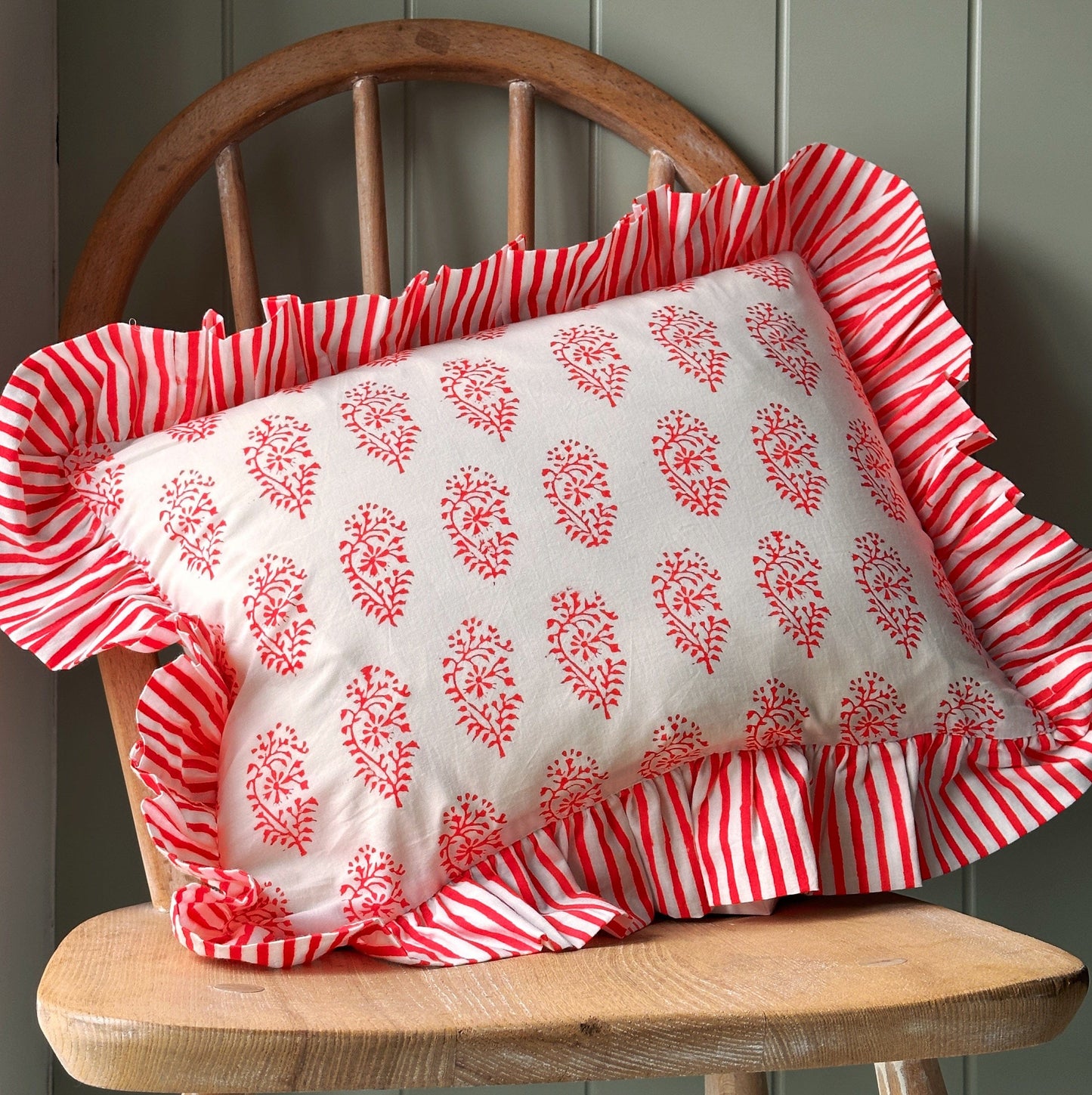 Cushions Cushion - Red Chilli Paisley with Chilli Stripe Ruffle 22651