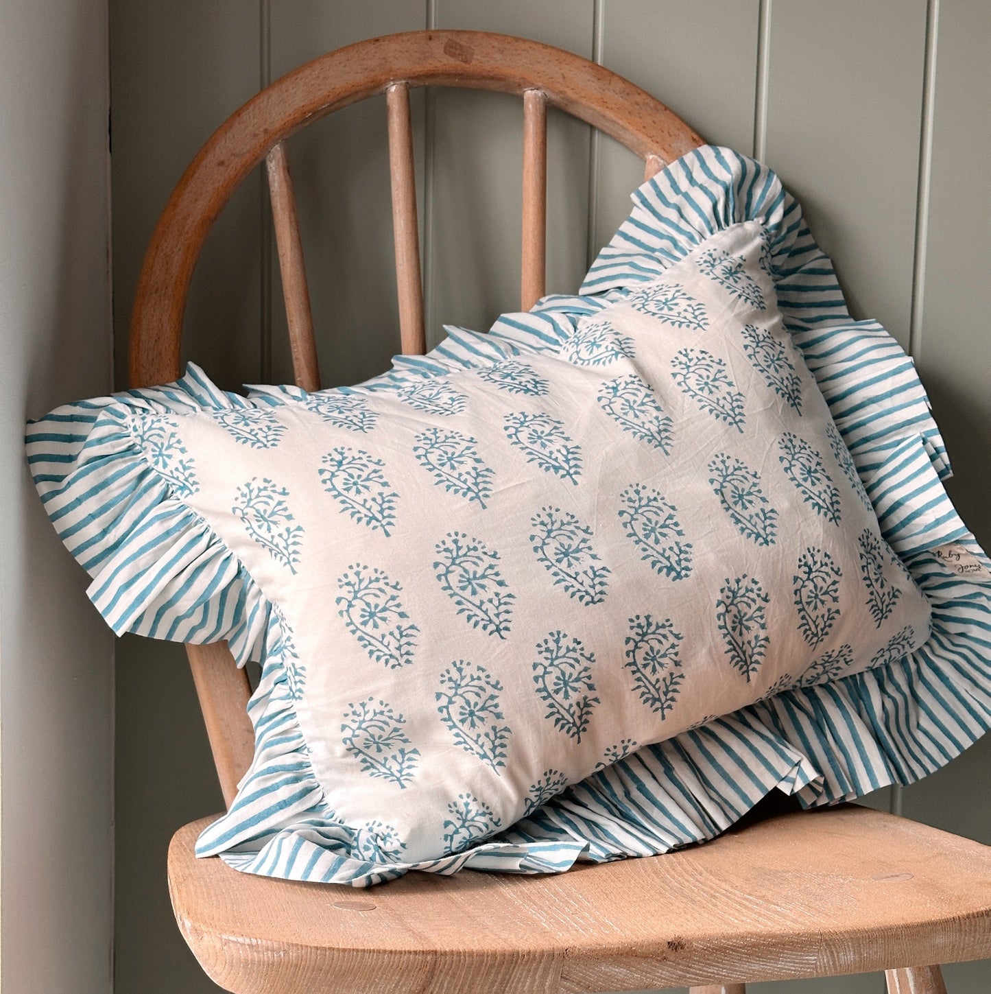 Cushions Cushion - Sky Blue Paisley with Sky Blue Stripe Ruffle 22648