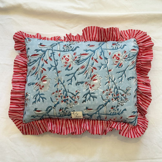 Cushions Cushion - Sky Blue & Red Botanical - Rectangular Red/White Stripe Piping 22168