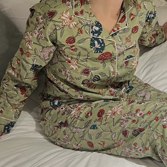 Pyjamas Fine Cotton PJ's -  Mixed Blooms on Pea Green