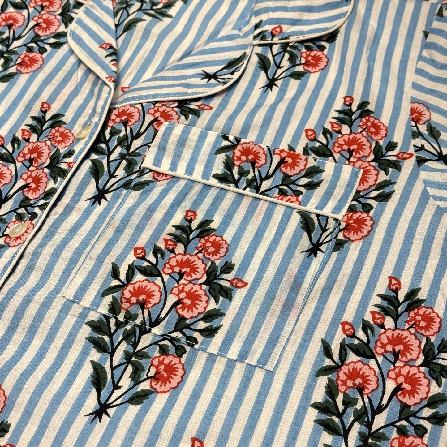 Pyjamas Fine Cotton PJ's - Pink Posy on Sky Stripe