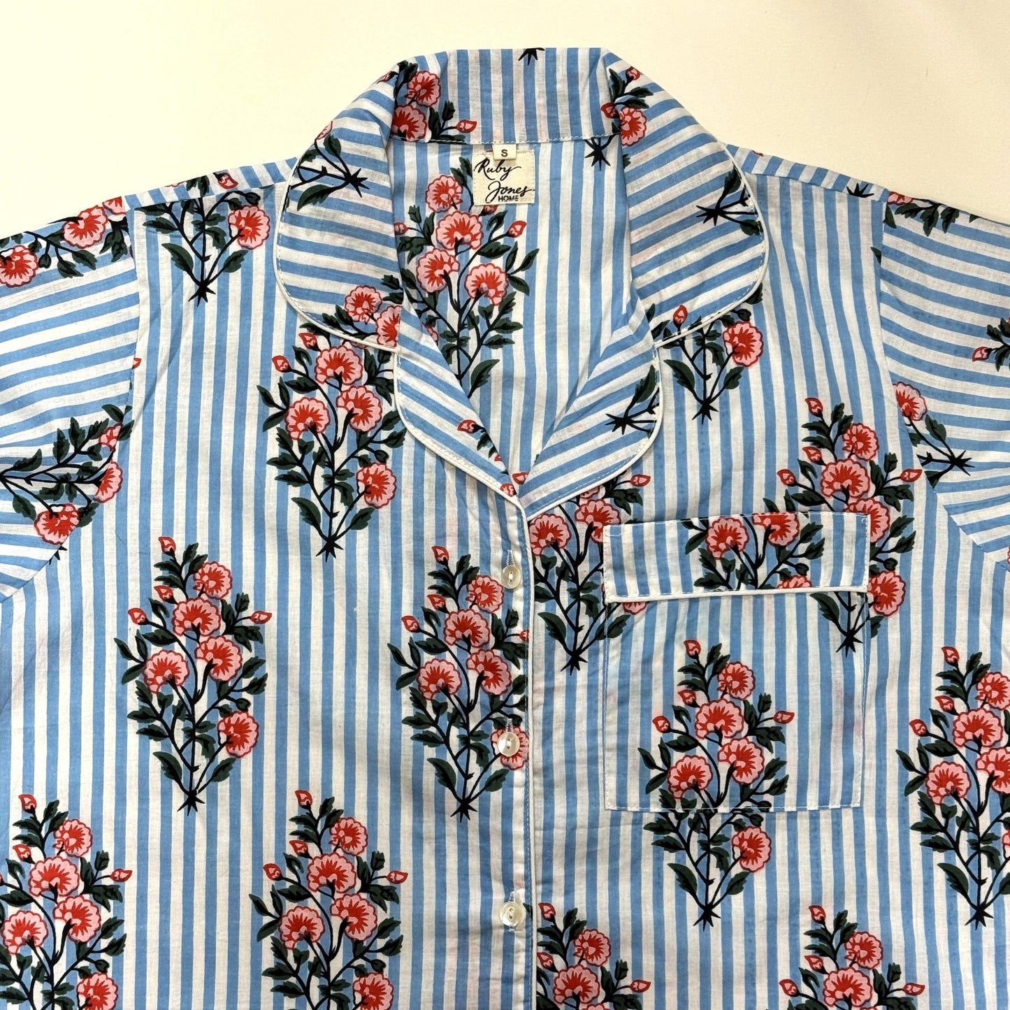 Pyjamas Fine Cotton PJ's - Pink Posy on Sky Stripe