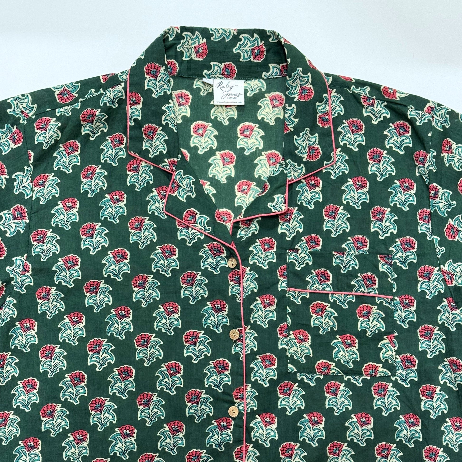 Pyjamas Fine Cotton PJ's - Raspberry Flowers on Forest Green