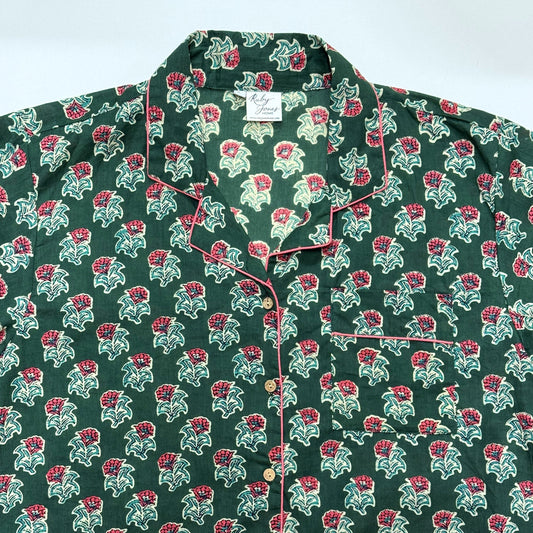 Pyjamas Fine Cotton PJ's - Raspberry Flowers on Forest Green