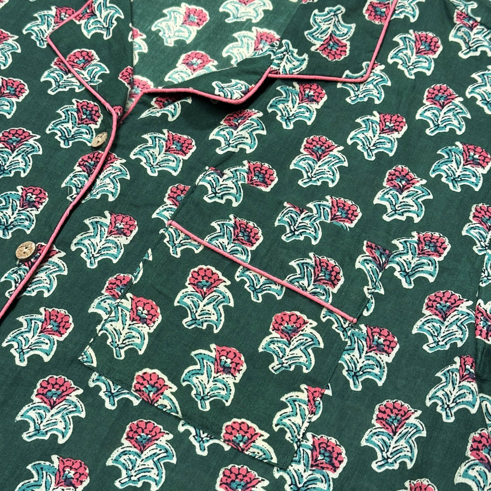 Pyjamas Fine Cotton PJ's - Raspberry Flowers on Forest Green