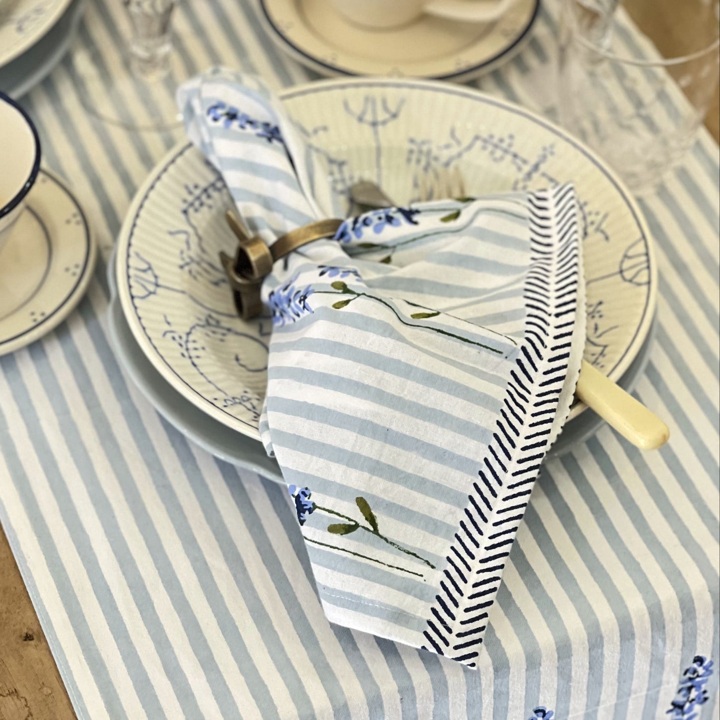 Cloth Hand Printed Napkin - English Lavender on Powder Blue Stripe 27984