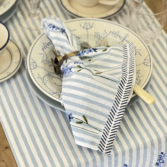 Cloth Hand Printed Napkin - English Lavender on Powder Blue Stripe 27984