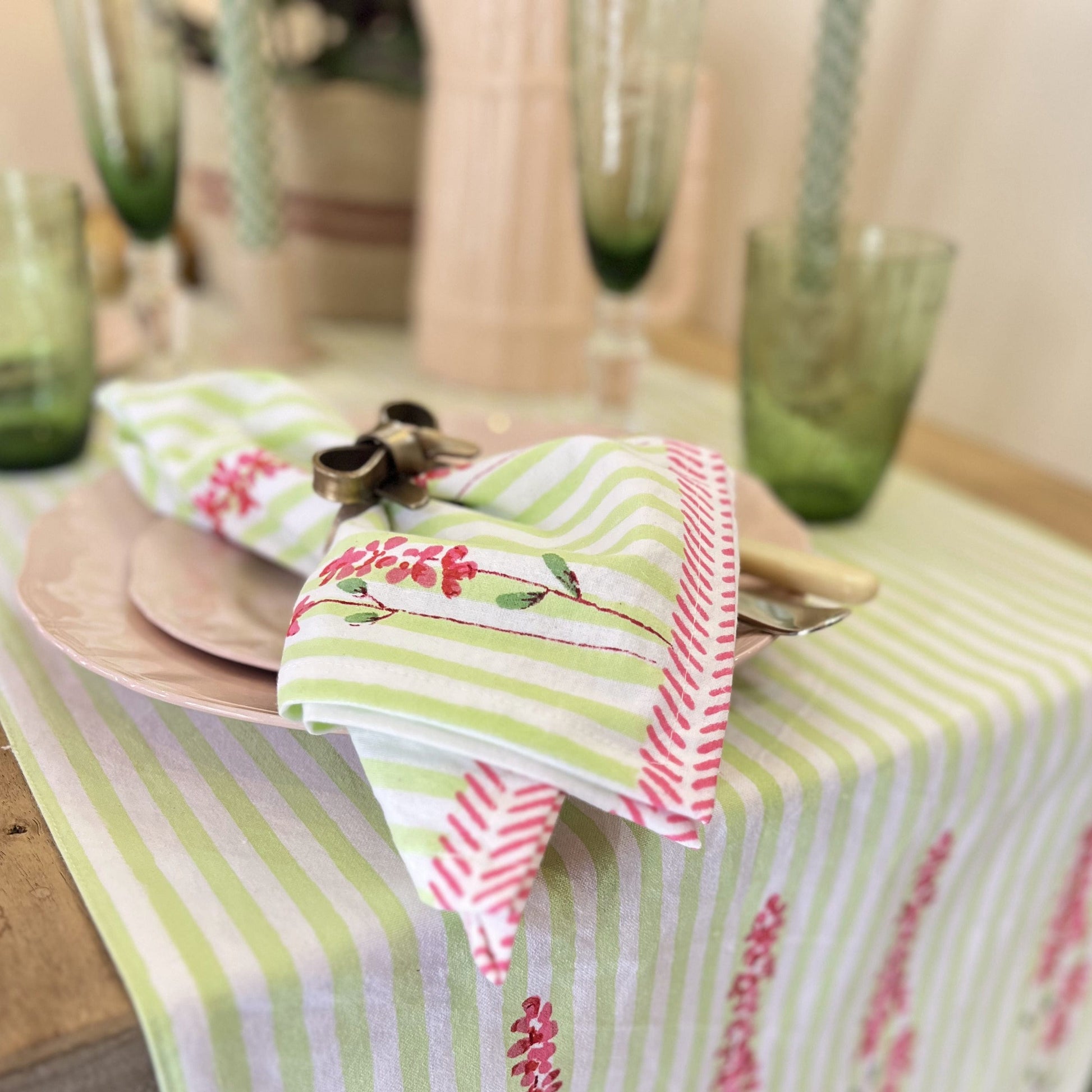 Cloth Hand Printed Napkin - Pink Lavender on Laurel Green Stripe 27983