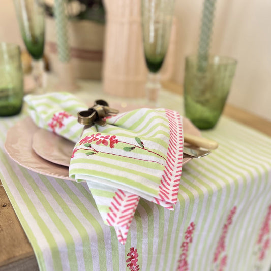 Cloth Hand Printed Napkin - Pink Lavender on Laurel Green Stripe 27983
