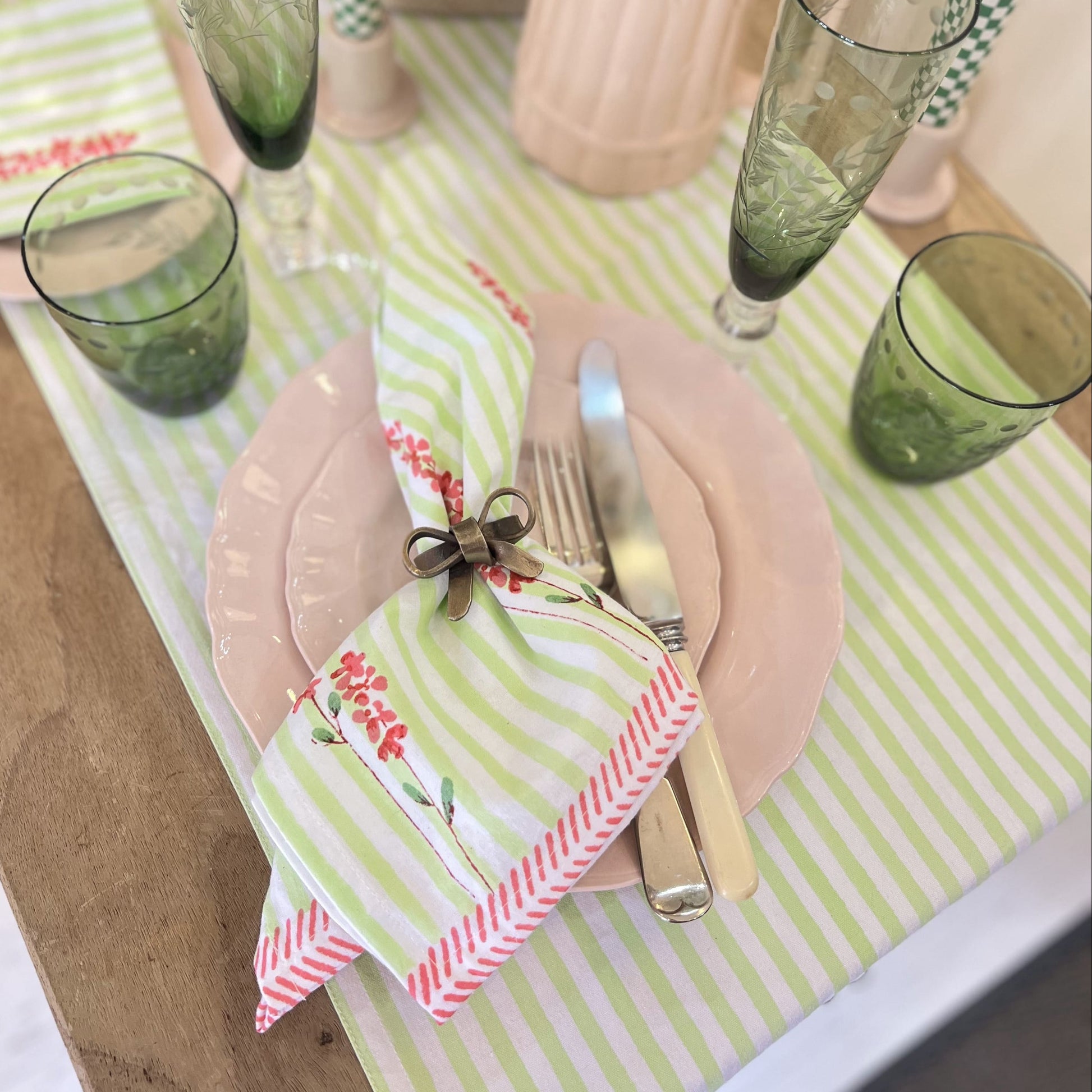 Cloth Hand Printed Napkin - Pink Lavender on Laurel Green Stripe 27983