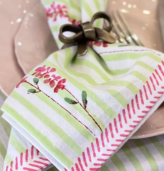 Cloth Hand Printed Napkin - Pink Lavender on Laurel Green Stripe 27983