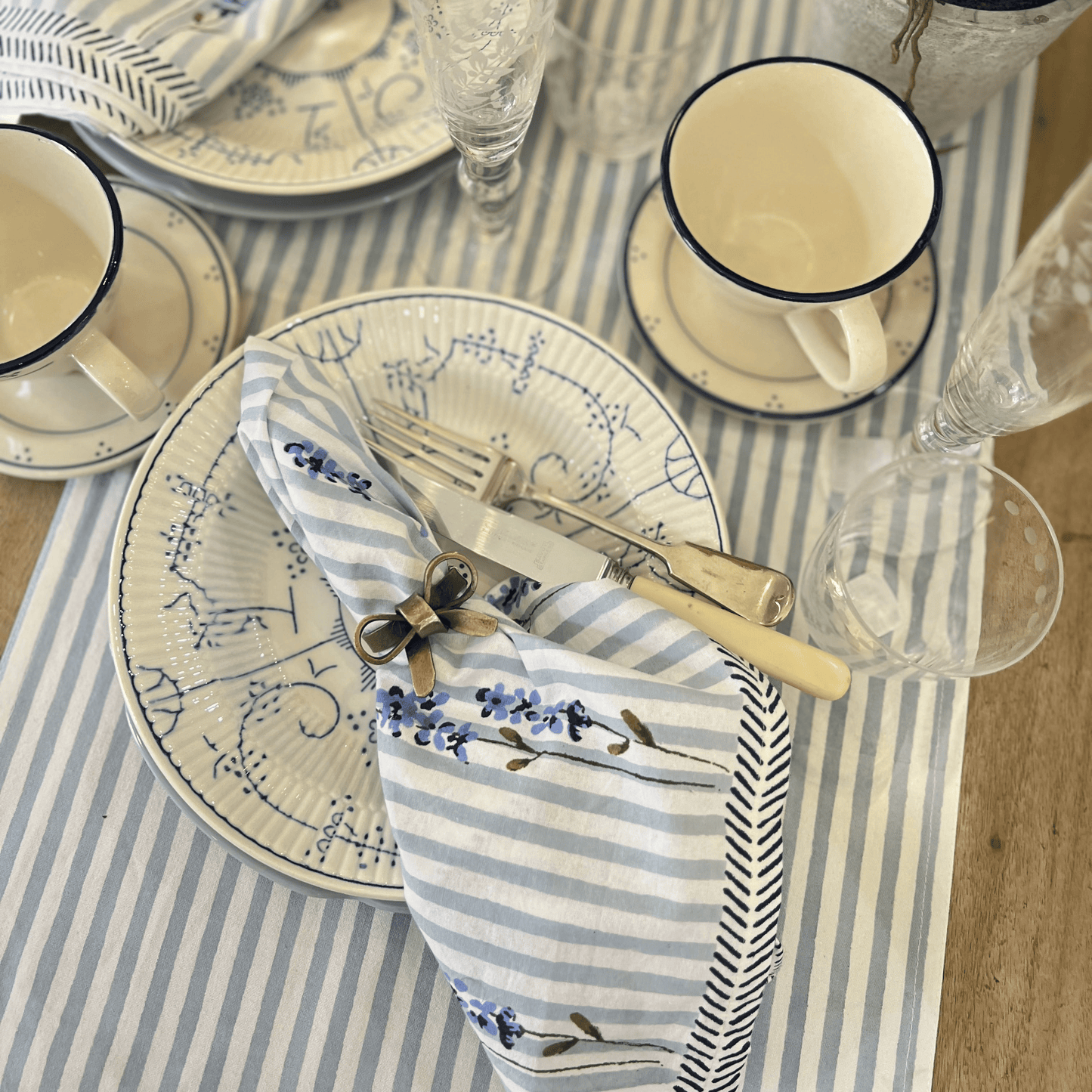 Table Runners Hand Printed Table Runner - English Lavender on Powder Blue Stripe 27979