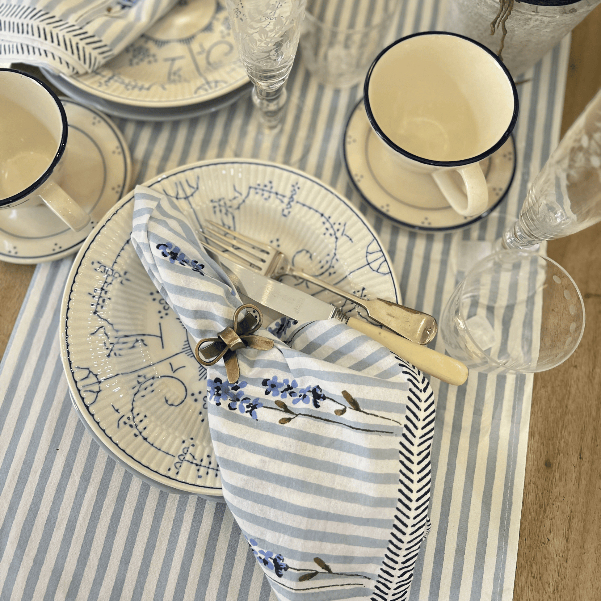 Table Runners Hand Printed Table Runner - English Lavender on Powder Blue Stripe 27979