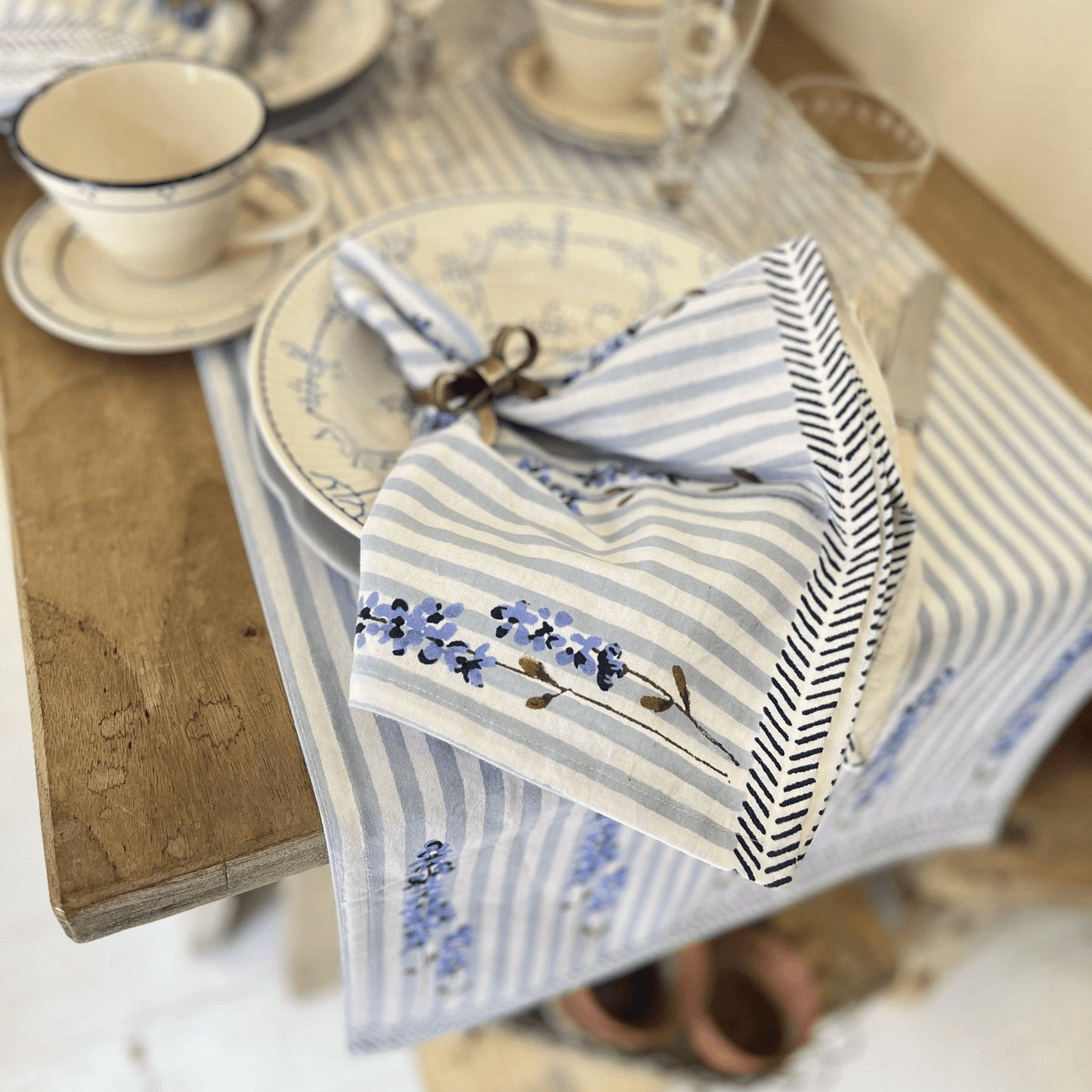 Table Runners Hand Printed Table Runner - English Lavender on Powder Blue Stripe 27979