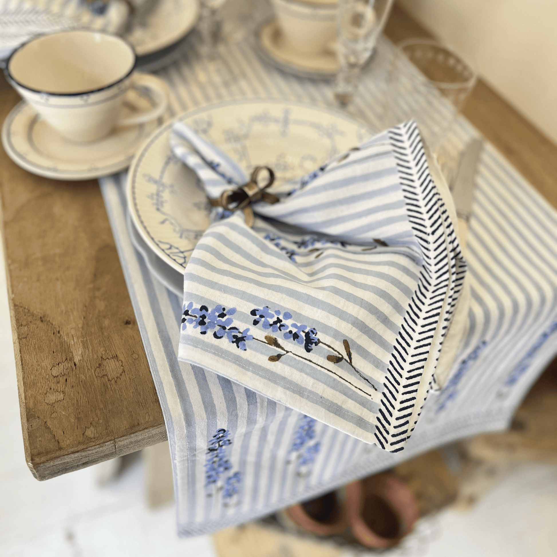 Table Runners Hand Printed Table Runner - English Lavender on Powder Blue Stripe 27979